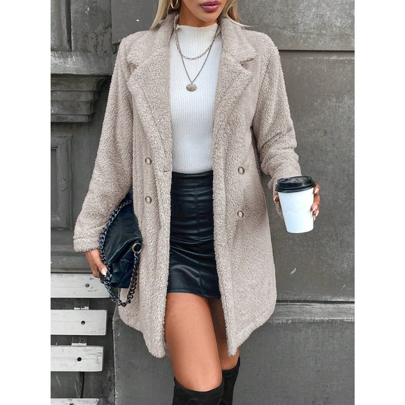 minimalist Double Breasted Lapel collar ribbed knit teddy Coat - Picture 11 of 11